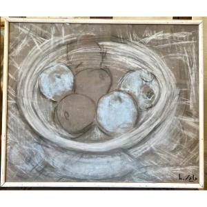 Pastel On Grey Paper “still Life With Apples” Signed L. Sala