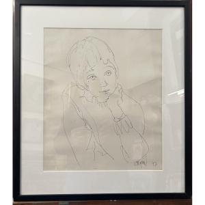 Ink Drawing "self-portrait Of The Artist" Signed Vermeil And Dated 77