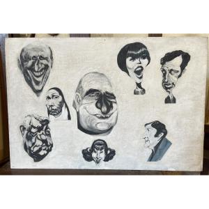 Oil On Panel Depicting Caricatures Of Famous People After Mulatier