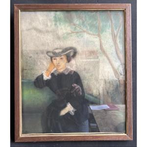 Pastel “woman With A Black Dress In The Garden”