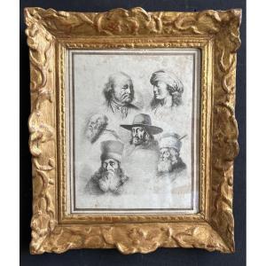 18th Century Print (etching) By Jean-jacques De Boissieu “study Of Heads”