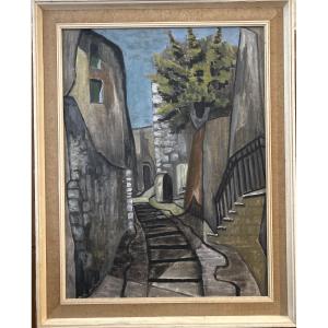 Oil On Canvas “village Street” Signed On The Back O. Pomiès