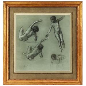 Drawing “study Of Bathers” Signed By Henri Lebasque