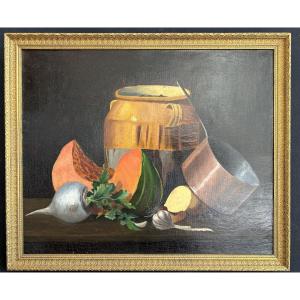 Oil On Canvas Representing A Still Life With A Grease Pot Signed F Fournier And Dated (?)