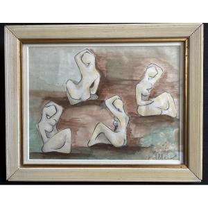 Watercolor “study Of Seated Nudes” Signed By André Cahour