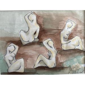 Watercolor “study Of Seated Nudes” Signed By André Cahour