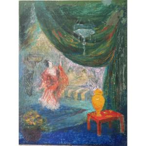 Oil On Paper Mounted On Panel “theater Scene” By Henri Laffite