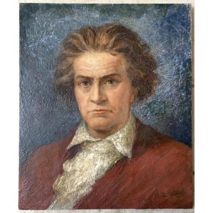 Oil On Panel Signed Henri Laffite Representing Beethoven