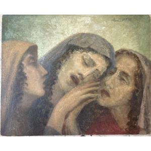 Oil On Strong Cardboard Signed Henri Laffite Representing Three Weeping Women (lamentation?)