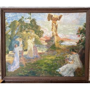 Oil On Paper Mounted On Isorel By Henri Laffite Representing The Allegory Of Sculpture