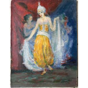 Oil On Strong Cardboard Signed Henri Laffite On The Back “oriental Dancer”