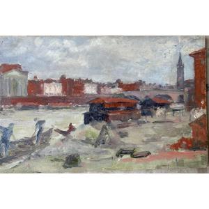 Oil On Cardboard By Henri Laffite Representing The Quays Of The Garonne In Toulouse