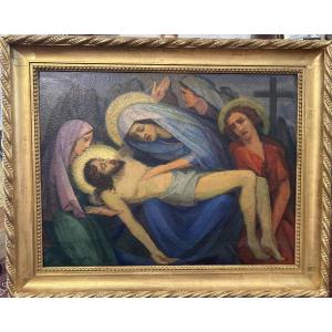 Oil On Panel Signed Henri Laffite Representing The Lamentation Of Christ