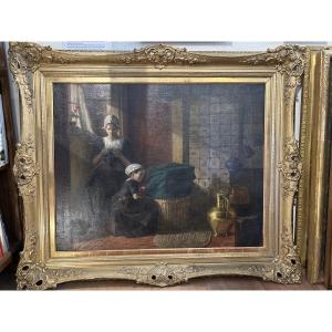 Large Oil On Canvas Signed Walther Firle "interior Scene" In The Dutch Style 