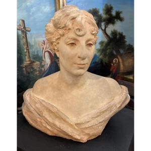 Patinated Plaster Sculpture Terracotta Signed And Dated H Laffite 1919 Bust Of Carlota Laffite