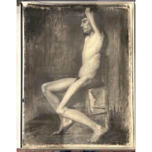 Pencil And Charcoal Drawing From The Early 20th Century Representing A Man's Academy Located, Dated And Signed 