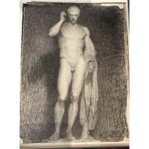Pencil And Charcoal Drawing Signed By Henri Laffite Representing A Man's Academy