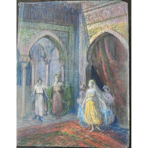 Pastel Drawing By Henri Laffite Depicting A Harem Scene