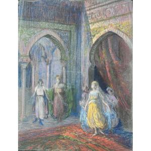 Pastel Drawing By Henri Laffite Depicting A Harem Scene