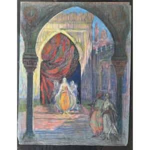 Pastel Drawing By Henri Laffite Depicting A Harem Scene