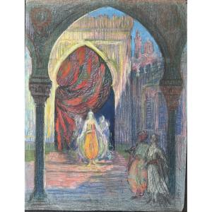 Pastel Drawing By Henri Laffite Depicting A Harem Scene