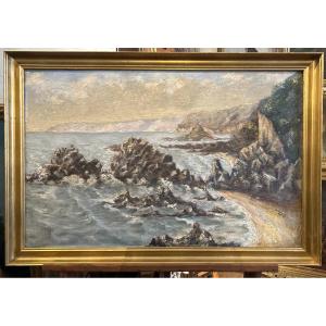 Large Oil On Canvas Dated 1937 And Signed Delille Representing A Seaside 