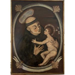 Oil On Metal 17th Century South American School  St. Anthony Of Padua And The Infant Jesus