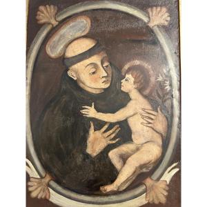 Oil On Metal 17th Century South American School  St. Anthony Of Padua And The Infant Jesus