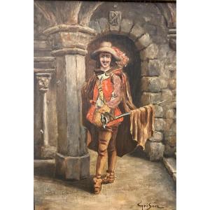 Oil On Panel By Francois Adolphe Grison Representing A Musketeer