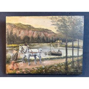 Oil On Wood In Naive Style Monogrammed Fc And Located In Verneuil Representing A Towing Scene