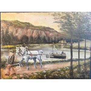 Oil On Wood In Naive Style Monogrammed Fc And Located In Verneuil Representing A Towing Scene