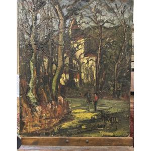 Oil On Isorel Signed Micha Representing A Painter And The Church Ste Radegonde (lot Et Garonne)