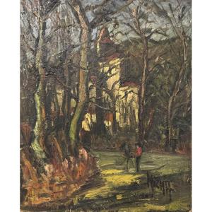 Oil On Isorel Signed Micha Representing A Painter And The Church Ste Radegonde (lot Et Garonne)