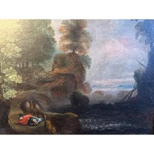 18th-century Oil On Canvas Depicting A Landscape With A Horseman