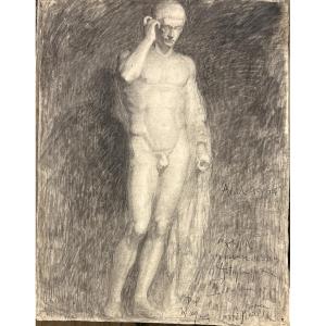 Pencil And Charcoal Drawing Depicting A Male Academic Portrait, Dated, Signed And Dedicated