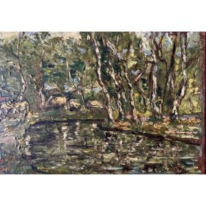 Small Oil Painting On Cardboard, Signed And Dated J Columeau 1930, Located At Fontainebleau Mare De Sanguinelle
