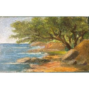 Oil On Wood Panel "mediterranean Coast"