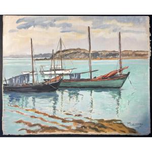 Watercolor (mixed Media) Signed Pierre Germy And Dated 1949 "boats On The Shore"