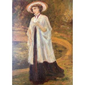 Oil On Paper Mounted On Heavy Cardboard, Signed By Henri Laffite, "elegant Woman In A Park"