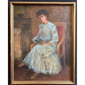 Oil On Heavy Cardboard "woman In A Blue Dress" By Henri Laffite