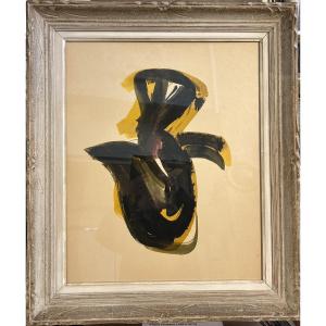 "composition In Black And Yellow" Mixed Media On Cardboard In The Style Of Fabienne Verdier