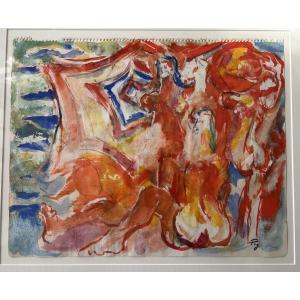 Gouache « figures Rouges » Signed By édouard Pignon