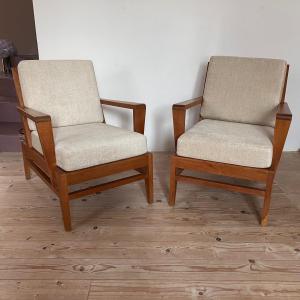 Paire De Fauteuils De René Gabriel En Chêne Des Années 1940 Très Bon état