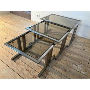 3set Of 3 1970s Nesting Tables In Brushed Metal And Smoked Glass