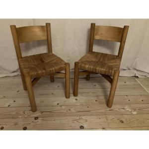 Pair Of Charlotte Perriand Méribel Model Chairs In Ash Wood, Steph Simon Edition, 1960-1970