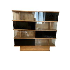 Maurice Pré Bookcase, 1950-1960, Oak With Black Opaline Glass.