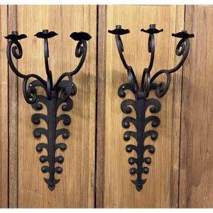 Pair Of Wrought Iron Sconces,40's.