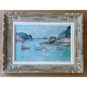Sailboats In The Small Port Of Conleau In Brittany. Morbihan. Signed Clement