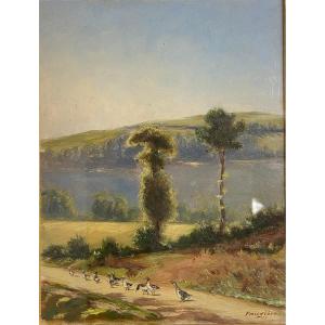 Geese On The Way. The Flock Of Geese And Goslings. Prerigord? Faugière 1911
