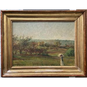 Woman With A Parasol, Oil Painting Signed A. Simonard Lemarchand